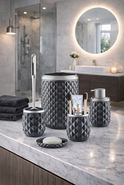 ozbience Şık Geometrik Desenli 5 Parça Banyo Aksesuar Seti