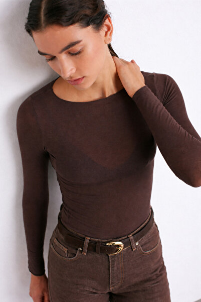 Gaus Dark Brown Boat Neck Equivalent Cashmere Textured See-Through Blouse Gau...