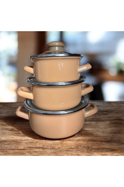 ALEV EMAYE 3’lü minimal tasarım Cam Kapaklı mini Emaye Tencere Seti –