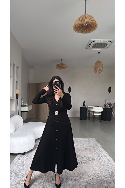 Buket Teke Black V-Neck Long Modal Dress with Gold Accessories