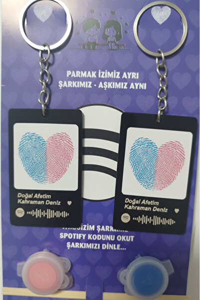 TENİVA Parmak İzi Tasarımlı Spotify Barkodlu 2'li Sevgili Anahtarlık Seti + P...