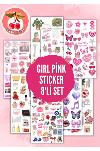 Kiraz Craft Girl Pink Pembe Sticker 8’li Set | Estetik Favori Renkli, Sevimli...