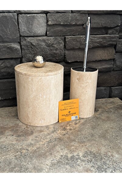 ozbience Şık Traverten Doğaltaş Banyo Takımı, Çöp Kovası ve Tuvalet Fırçalık ...