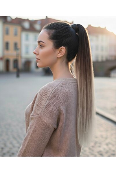 Handmade Lastik tokalı at kuyruğu düz KUMRAL BEYAZ PLATİN Ombreli