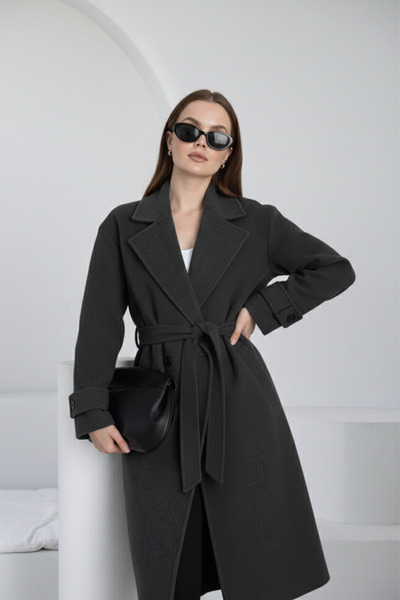 gm giyimarket Women's Knee-Length Cashmere Coat with Pockets and Belted Waist