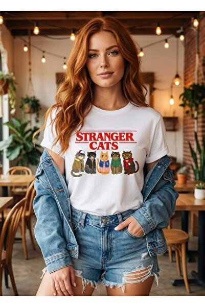 LiyAdaCo Unisex Stranger Cats Printed White T-Shirt -Oversize T-Shirt