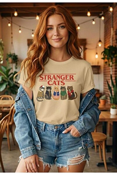 LiyAdaCo Unisex Stranger Cats Printed Beige T-Shirt -Oversize T-Shirt