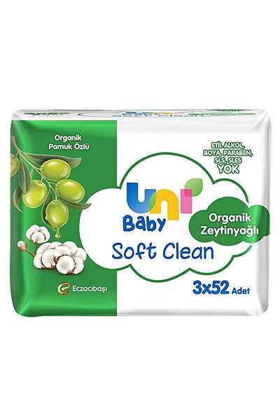Uni Baby مناديل مبللة ناعمة ونظيفة بزيت الزيتون العضوي 3×52 قطعة