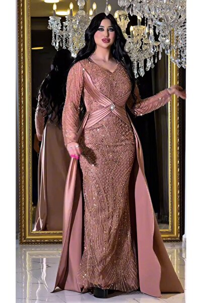 NHMODA فستان سهرة مطرز بالترتر على شكل حرف V من الخلف