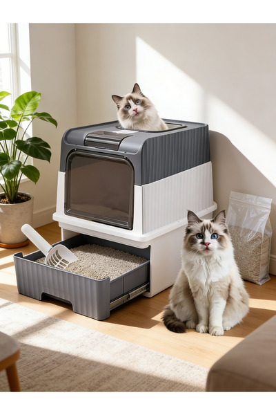 Yoawllty صندوق فضلات كبير للقطط مع مجرفة، مرحاض قابل للطي، مقاوم للرذاذ والتس...