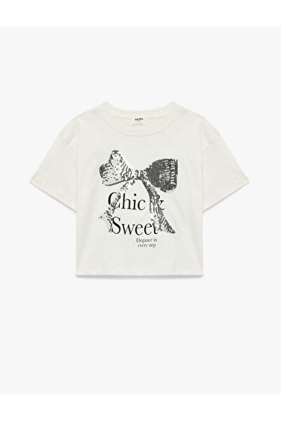 Koton Sequined Bowknot Ecru Girls' T-Shirt 6Skg10195Ak