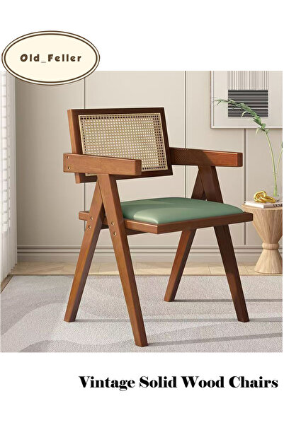 Old_Feller Vintage Dinding Chair - Velvet Seat & Rattan Back, Perfect for Liv...