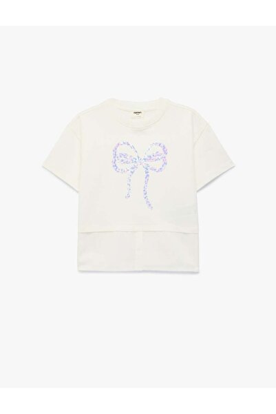 Koton Sequined Bowknot Printed Ecru Girls' T-Shirt 6Skg10060Ak