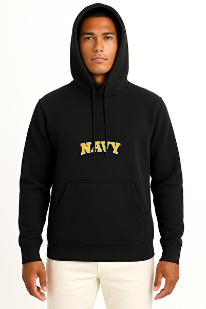 Bahriyeli Collection Hooded Navy Chest Printed Unisex Sweatshirt