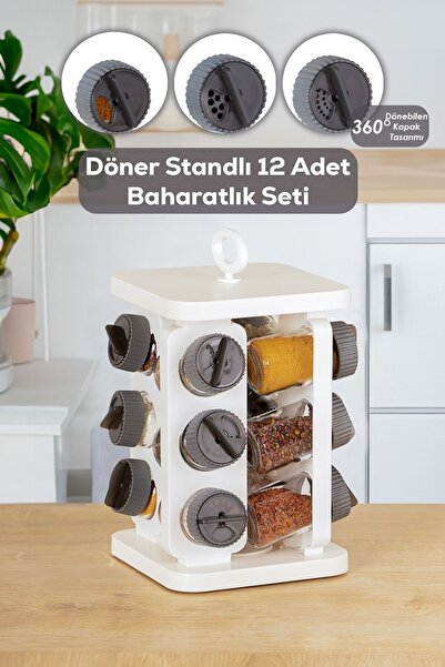 ozbience Şık Kare Dönerli Standlı 12'li Cam Baharatlık Seti, Beyaz ve Antrasit
