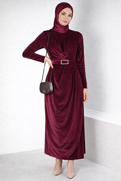 TRENDTESETTÜR KADIN BORDO KEMERLİ KADİFE ABİYE ELBİSE T 50282