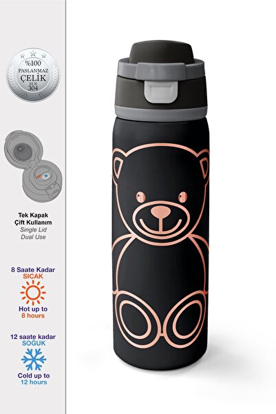 Coral High Black Teddy Bear Patterned Thermos with Straw and Direct Drinking ...