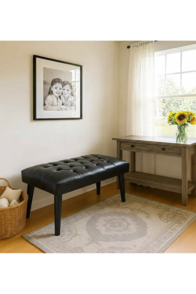 WATERYBROOK Bench Bank Puf - Suni Deri - Siyah Ahşap Ayaklı - Retro Modern Ta...