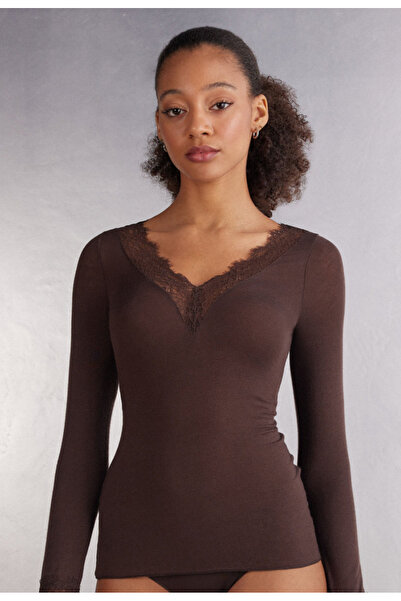 Somut istanbul Lace Ultra Modal Cashmere Blend V-Neck Blouse - Brown