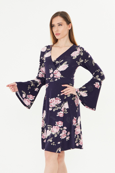 ESPİNA Women's Skirt Pleated Spanish Sleeve Stone Printed Avenlop Mini Dress