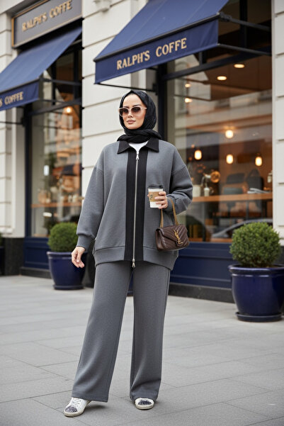 Aselim Hijap Moda Nordic Selanik- Oversized Suit with Embroidered Detail | Gray