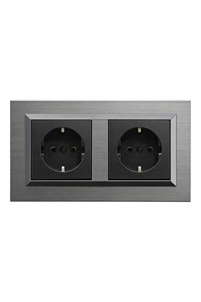 OVİVO Quantum Metalik Siyah Topraklı Priz İnox İkili Çerçeve