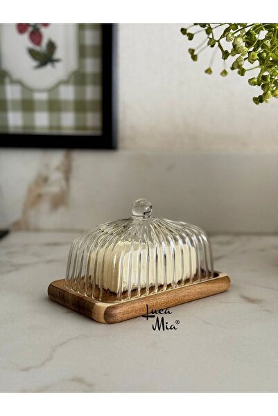 ozbience Şeffaf Cam Tereyağlık, Ahşap Kapaklı, Şık ve Kullanışlı Kahvaltılık