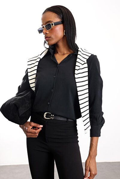 5in1Canpolat Black Draped Crepe Shirt 2418