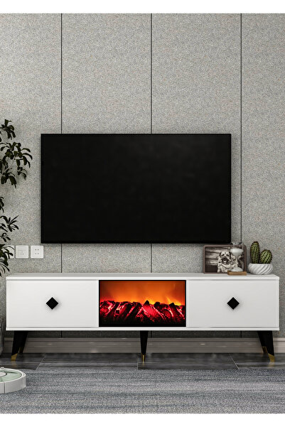 DEMONTE DECOR TV0053-TXA150DD-1 ŞÖMİNELİ TV SEHPASI BEYAZ-SİYAH KULP