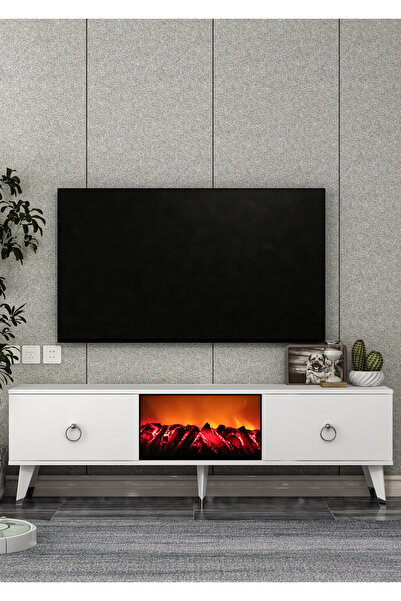 DEMONTE DECOR TV0054-TXA150DD-1 ŞÖMİNELİ TV SEHPASI BEYAZ-GÜMÜŞ KULP