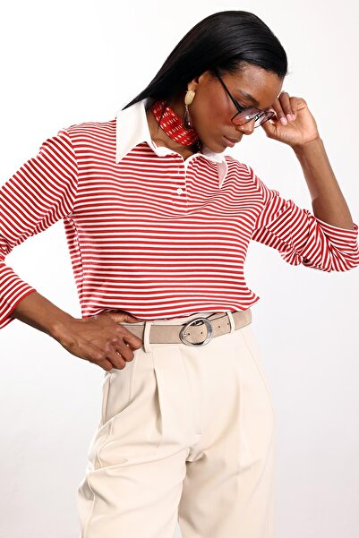 5in1Canpolat Bluză roșie cu guler polo, cu dungi și mânecă lungă tricou