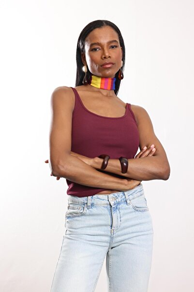 5in1Canpolat Plum Ribbed Thin Strap Tank Top 24113