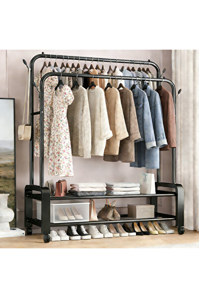 Ararico Double Rod Garment Rack w/Shelf Hooks Umbrella Stand, Portable for Be...