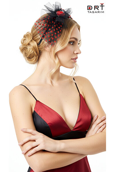 drt tasarım Handmade Design Black Red Polka Dot Crown with Black Satin Ribbon