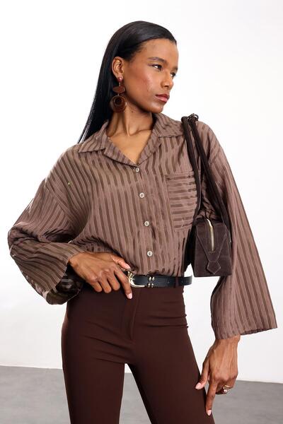 5in1Canpolat Brown Striped Draped Shirt 4998