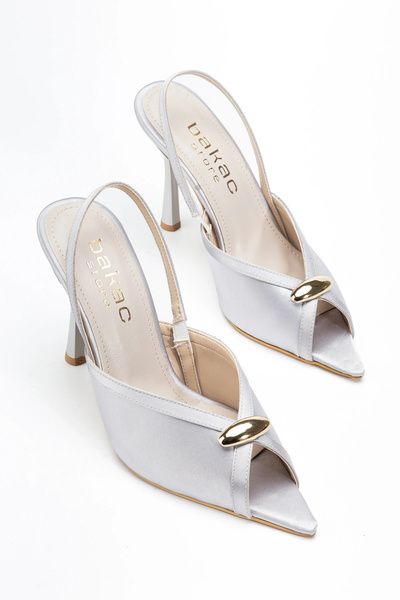 bakacstore Women's satin silver pointed-toe heels with buckle detail