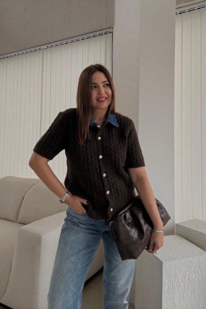 ELVAN TOLON Καφέ κοντομάνικο τζιν πουλόβερ με γιακά