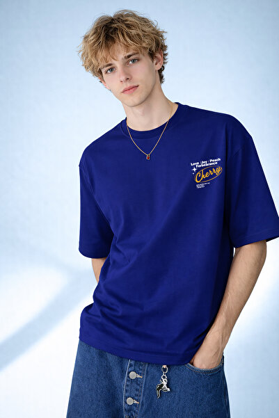caddekombin Tricou pentru bărbați, albastru marin, cu imprimeu tipografic Che...