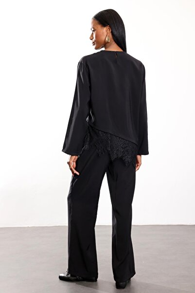5in1Canpolat Black Lace Detailed Blouse Trouser Set 7308