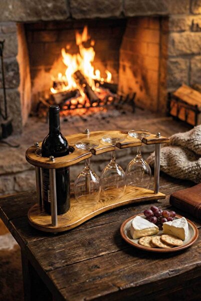 MiniVagon Doğal Ahşap Şaraplık Kadehlik Standı 3'lü Dekoratif Mutfak Bar İçki...