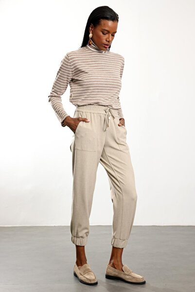 5in1Canpolat Beige Elastic Leg Jogging Pants