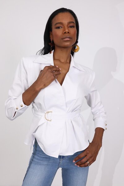 5in1Canpolat White Belted Poplin Shirt