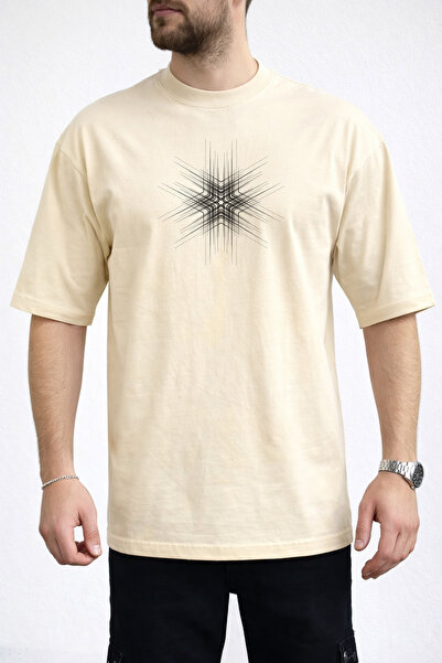 caddekombin Muška geometrijska zvezda eksplozija okrugla kragna bež T-shirt