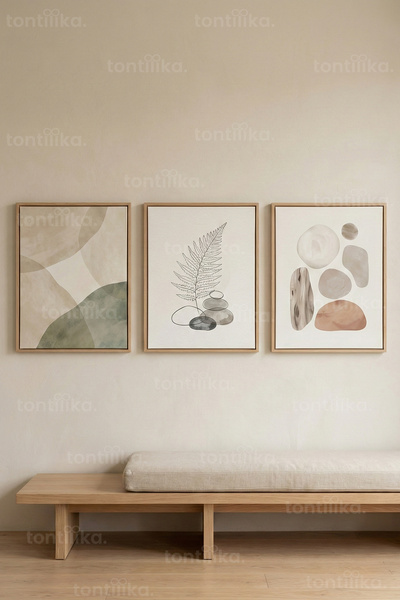 Tontilika Soft Organic Forms 3’lü Ahşap Çerçeveli Tablo Seti