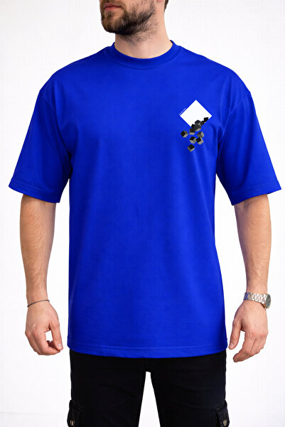 caddekombin Tricou Saks Blue pentru bărbați, cu detaliu cubic și decolteu tip...