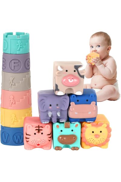 Arabest ألعاب تركيب تعليمية للأطفال الرضع والصغار، مكعبات بناء حيوانات مطاطية...