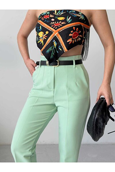 MYGİYİMİSTANBUL Παντελόνι με ζώνη, ψηλόμεσο, στενό στα μπατζάκια, υφασμάτινο.