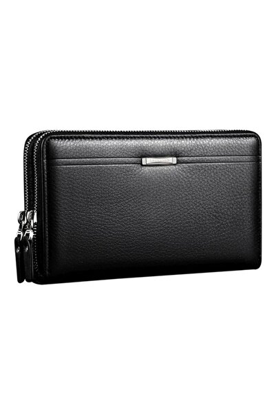 HALAMODO محفظة جلدية سوداء بسحاب