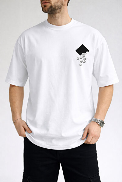 caddekombin Tricou alb pentru bărbați, cu detaliu cubic și guler tip crewneck