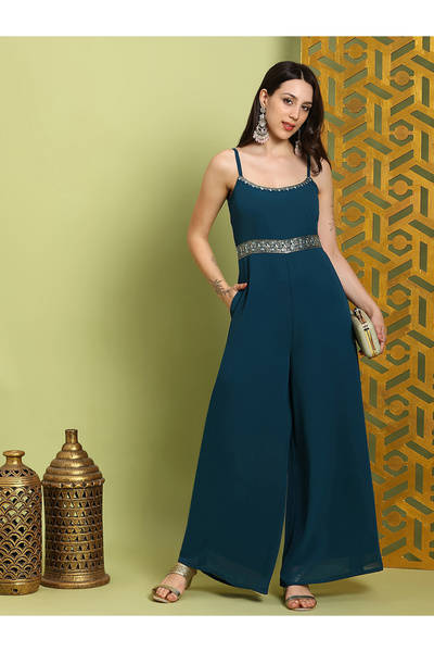 Globus By Styli Women Green Strappy Embroidered Flared Jumpsuit